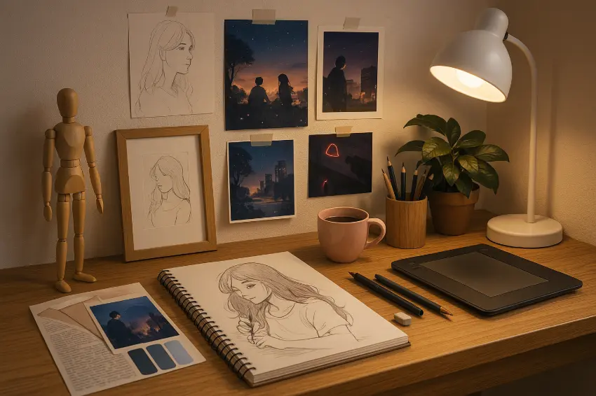 Espace créatif d’artiste avec illustrations Kemeco, ambiance chaleureuse et cosy.