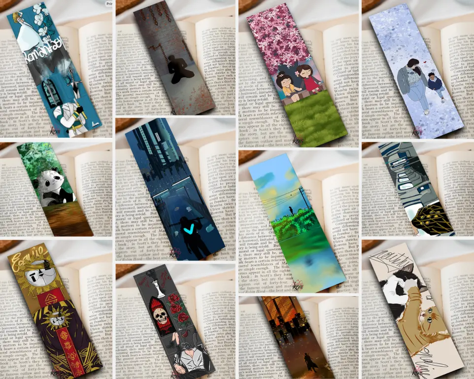 Marque-page illustré posé sur un livre, création artisanale inspirée manga.